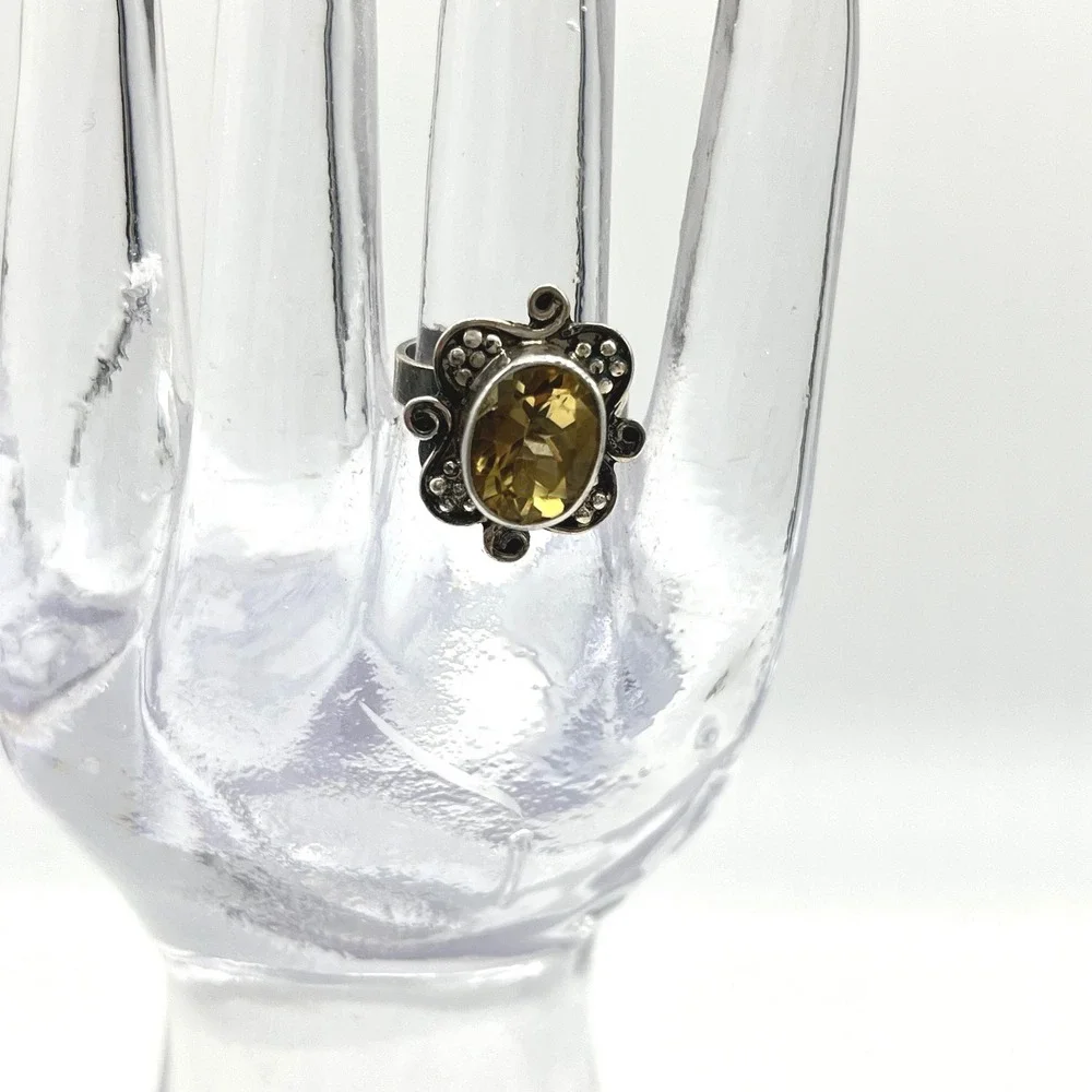 Oval Citrine Sterling Silver Statement Ring‎ Adjustable Size 7 Floral Design